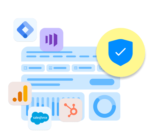 An illustration of product UI with icons representing different icons and a security badge with a check mark