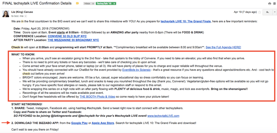 Example of pre-event email explaining the onsite check-in instructions