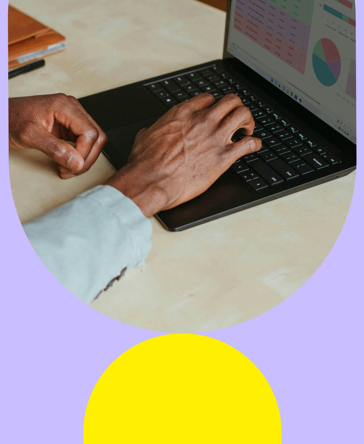 A photo of a pair of hands typing on a laptop working on an event budgeting software  and yellow half-circle 