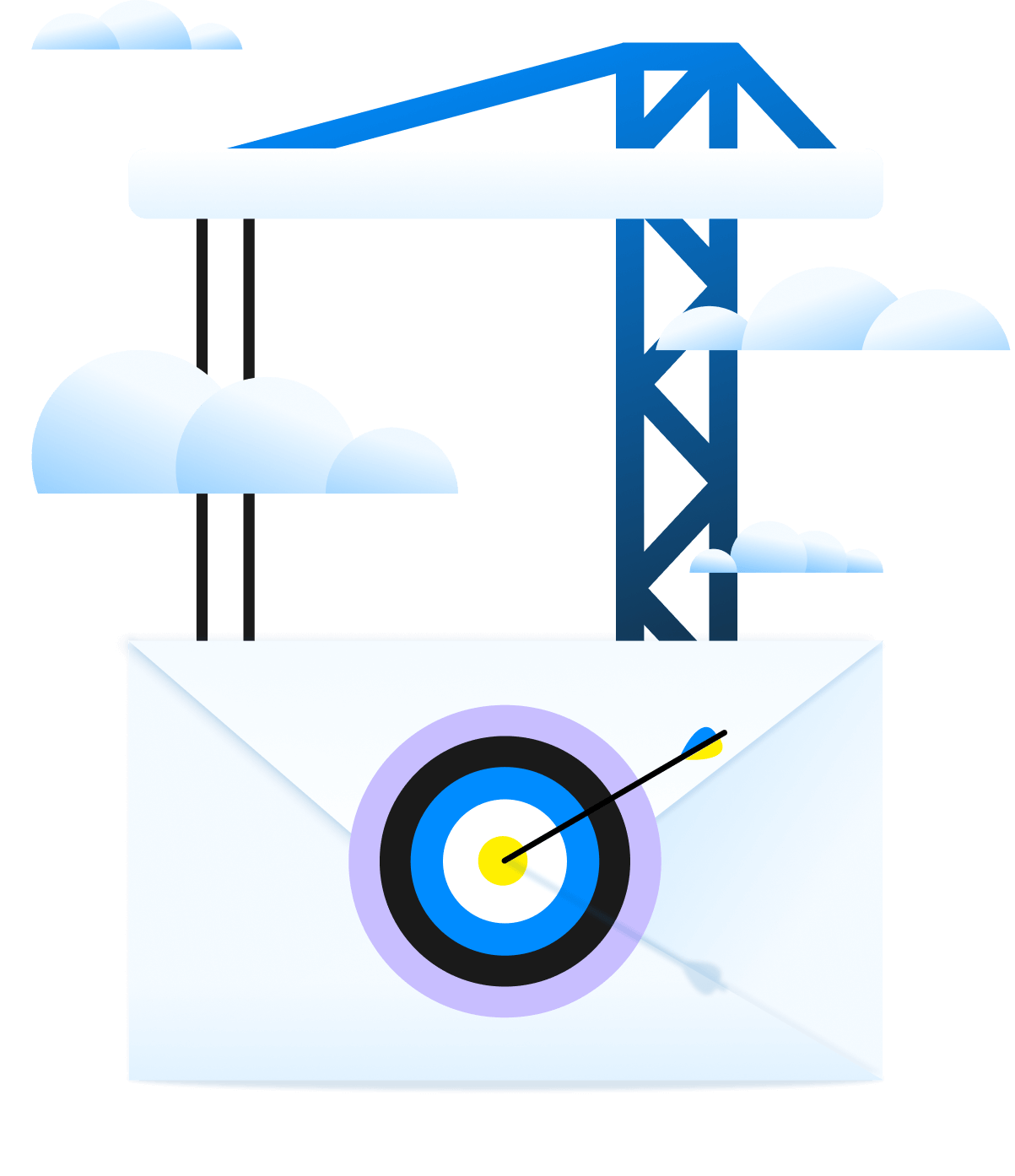 Illustration of a mail envelope hanging from a scaffolding with a target at the center