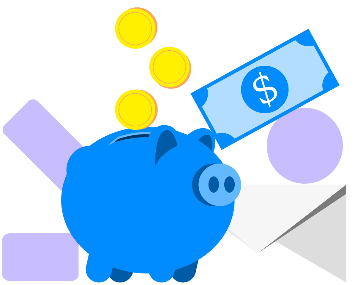 Illustration of a piggy bank with coins and a bill flanked by shapes and an envelope