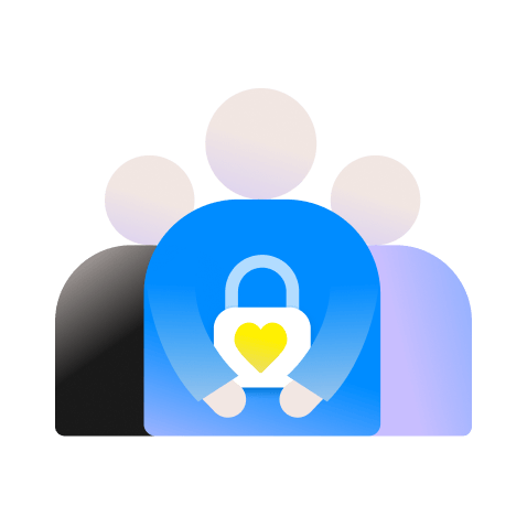 Illustration of three people with a lock with a heart representing safety and security